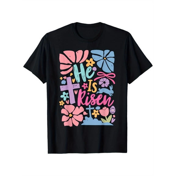 children’s wear Cute Colorful He Is Risen Easter Christian Religious Holiday Kids T-Shirt with Bunny and Cross Design