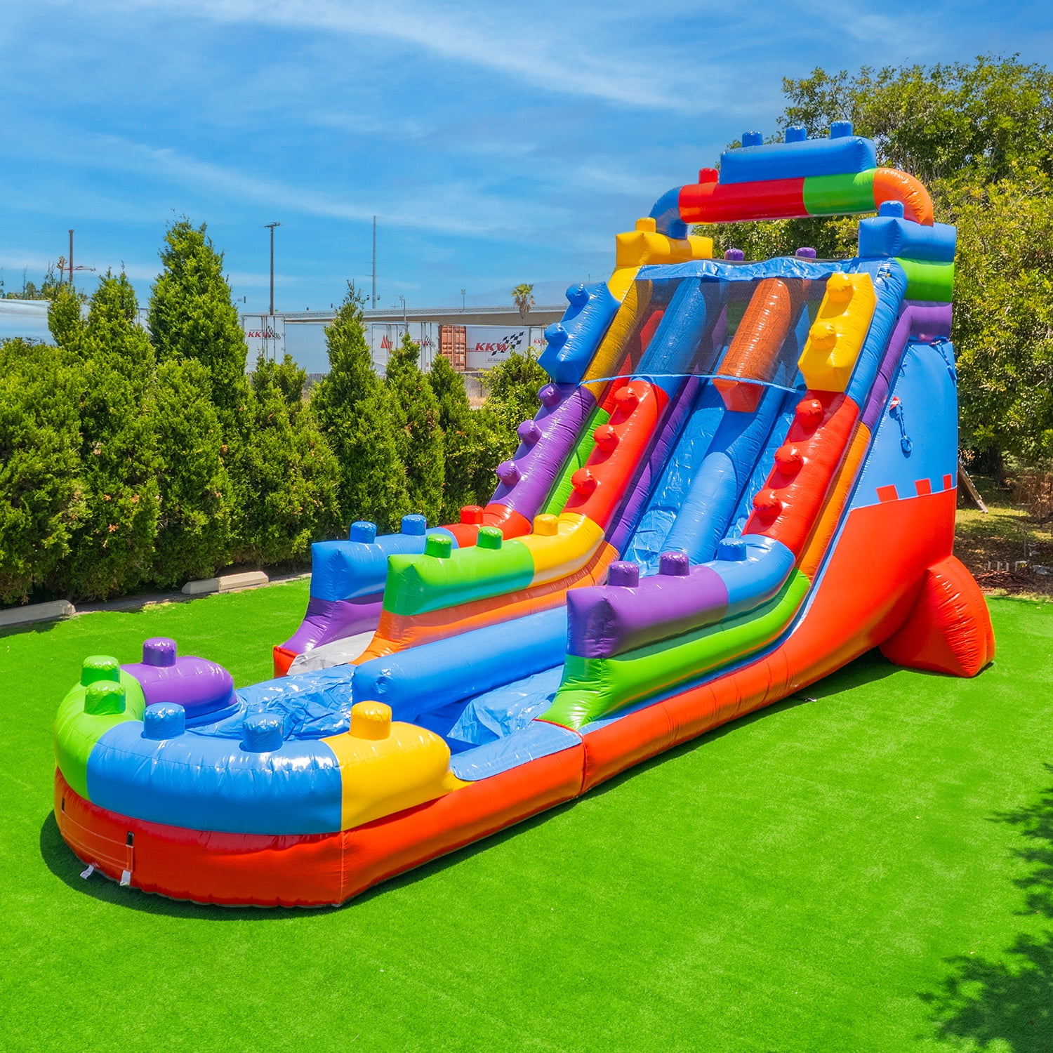 XJUMP Block Party 19' Dual Lane Side Loader Water Slide with Pool, for Kids and Adults, Commercial Grade PVC Vinyl, Outdoor Backyard Fun, Blow Up Water Park, (Blower Included)