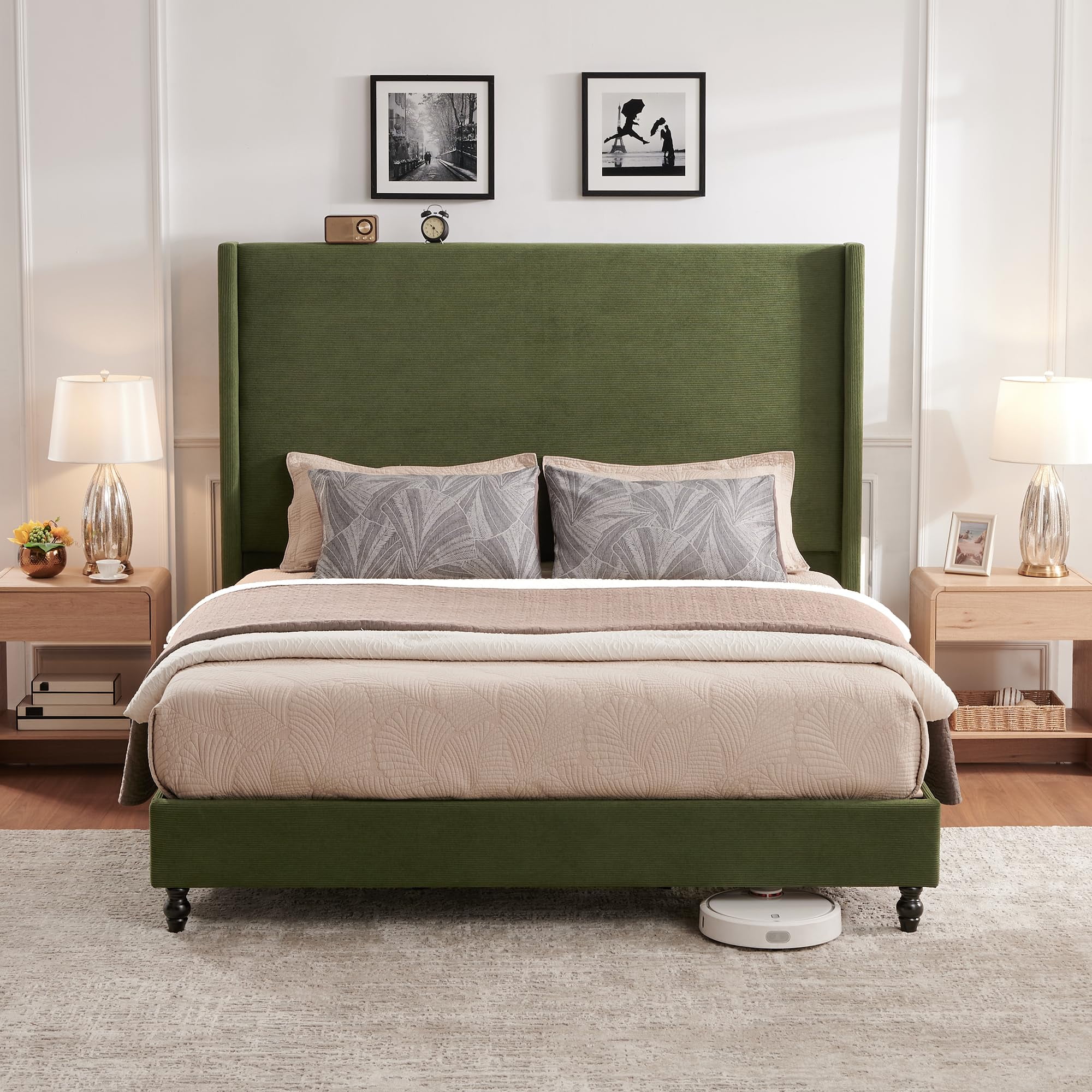 VanAcc Queen Bed Frame with 63" Tall Headboard, Horizontal Fine Corduroy Bed Frame with Upholstered Wingback, Vintage Solid Wood Gourd Legs, Green