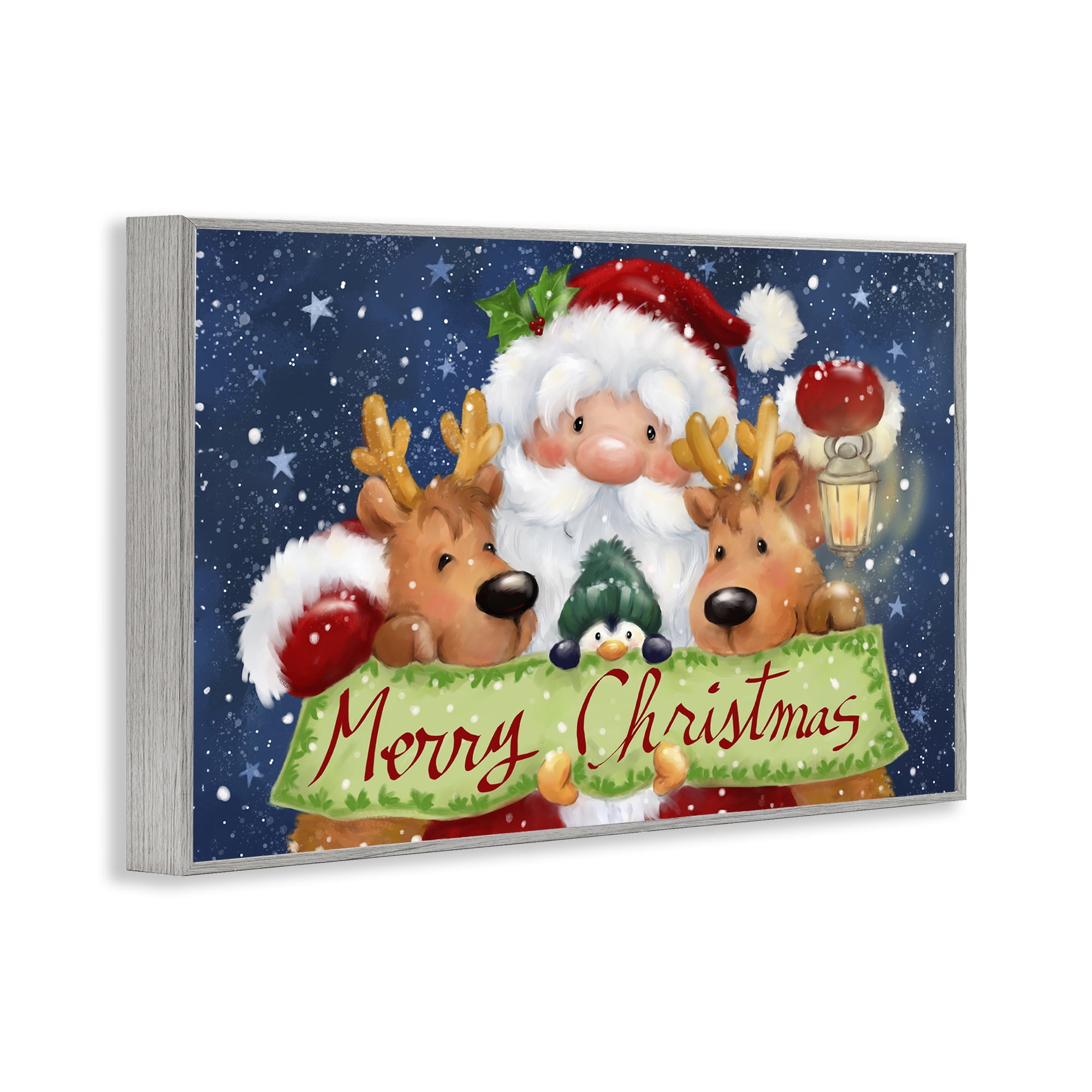 Stupell Industries Santa with Lantern Christmas Holiday Painting Gray Framed Art Prints Wall Art, 24 x 16