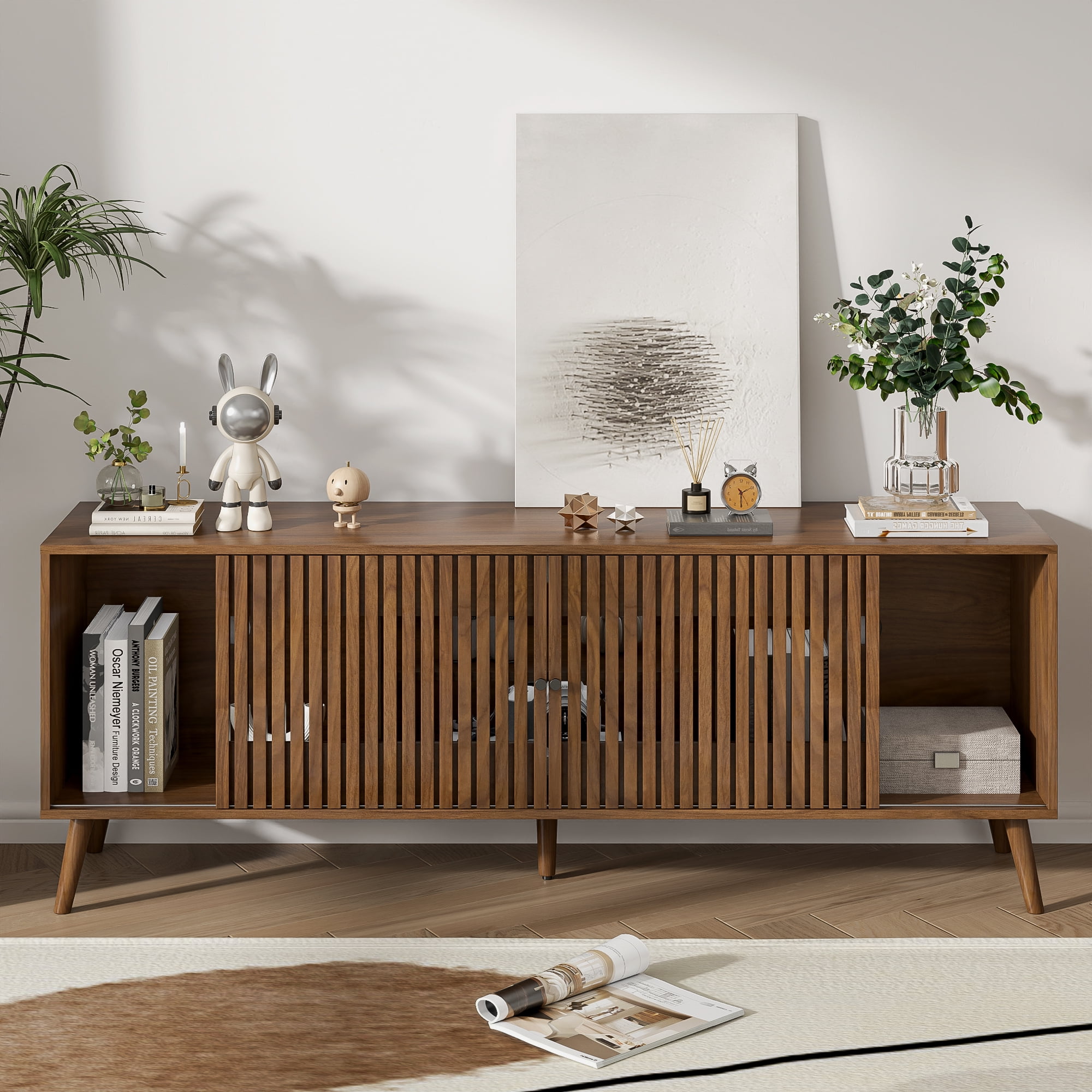 Mid-Century Modern TV Stand for TVs up to 70”, Sliding Door Wood Entertainment Center with Storage, Walnut