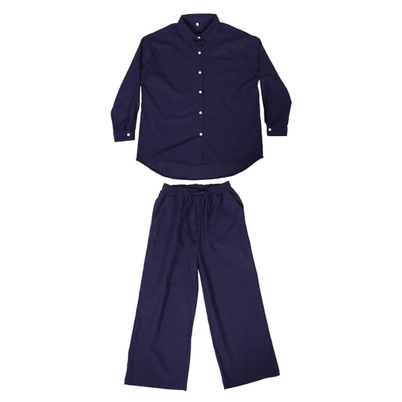 GETAJGHSD 1 Set Polyester Autumn Lounge Outfit with Navy Sleeve Shirt and Wide Leg Pants for Casual Daily Wear