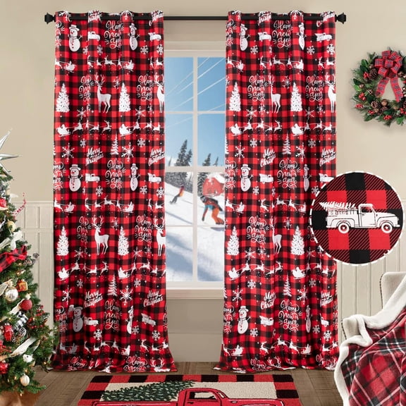 Christmas Curtains for Living Room 2 Panels Set 84 Inch Length,Red White Snowman Buffalo Plaid Blackout Curtains for Bedroom Country Farmhouse Xmas Holiday Decor,Cortinas Rojas Navideñas para Sala