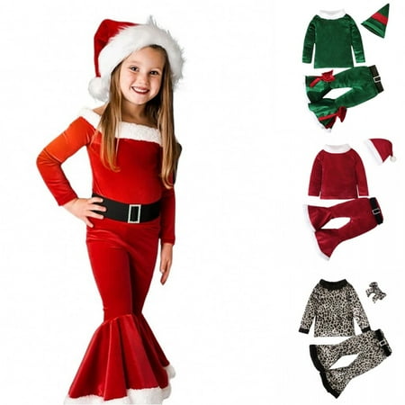 Uccdo 3Pcs Girls Christmas Clothes Set Kids Long Sleeve Velvet Top+Flare Pant+Hat Xmas Santa Suit 2-8T