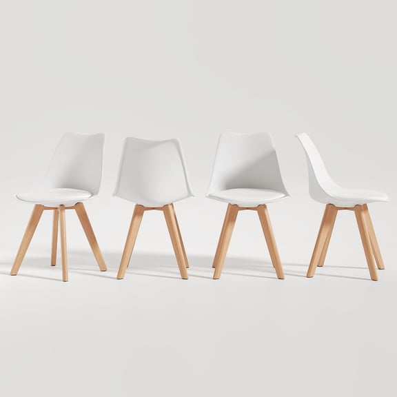 VECELO Dining Chairs Set of 4, Mid-Century Dining Chairs, PU Leather Upholstered Seat & Back with Solid Wood Legs and Cushion, Armless Kitchen Chairs, Non-Slip Feet, White