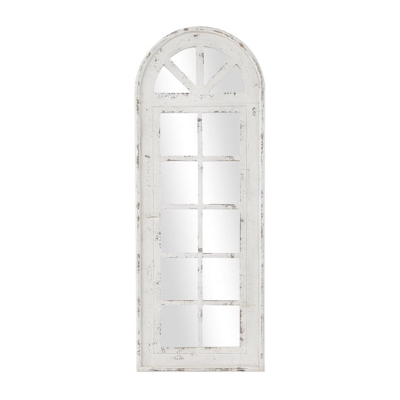 DecMode 20" x 53" White Window Pane Inspired Wall Mirror with Arched Top and Distressing