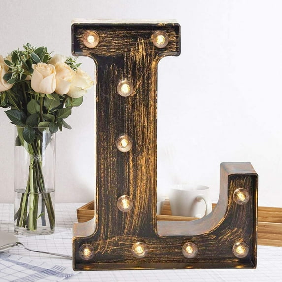 Oycbuzo Golden Black Led Marquee Letter, Industrial Vintage Light Up for Cafe Bar Birthday Christmas – L