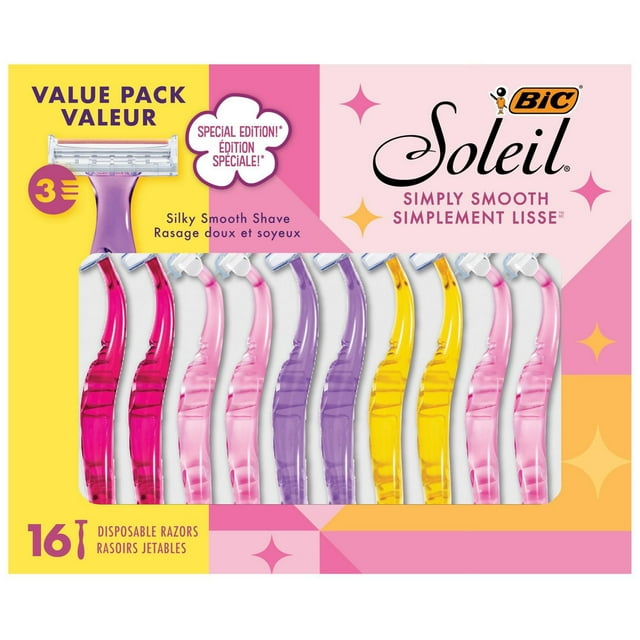 BIC Soleil Simply Smooth Women's Disposable Razors, 3 Blades With Moisture Strip For a Silky Smooth Shave, 16-Count