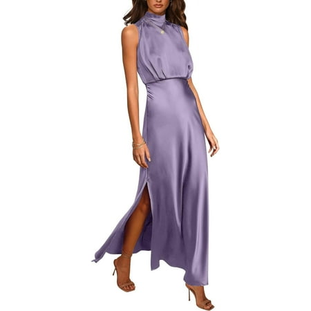 Women Sleeveless Mock Neck Cocktail Dresses Keyhole Elastic Waist Party Wedding Guest Satin High Split Maxi Dress