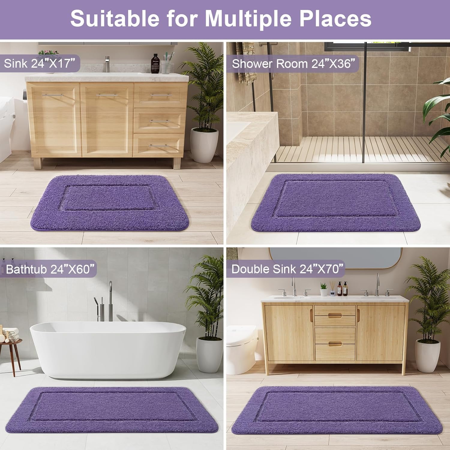 Bathroom Rug 24 x 60 Inches Non Slip Washable Soft Thick Absorbent Shaggy Plush Runner Mat Purple