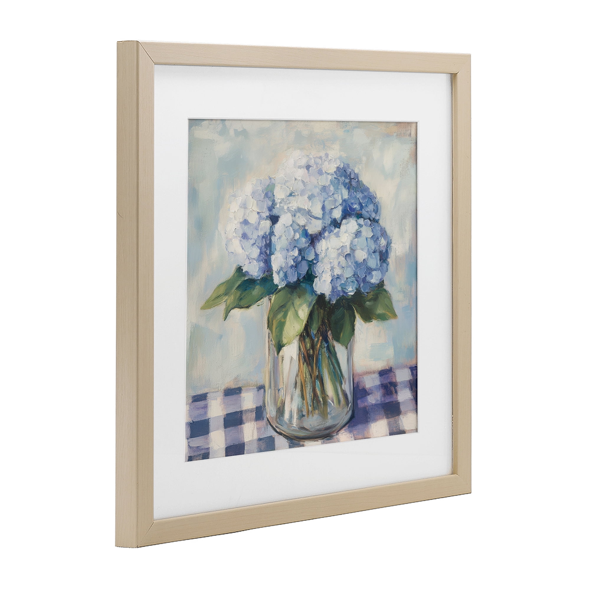 Stupell Industries Hydrangeas on Gingham Tablecloth Birch Framed Print Under Glass, design by Petal Prints Design