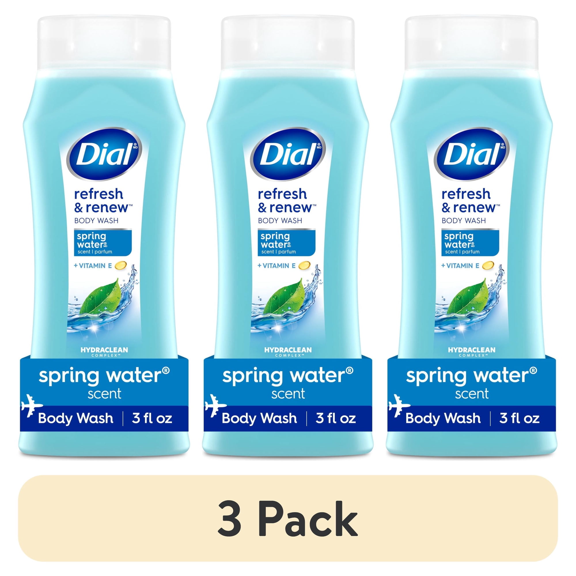 (3 pack) Dial Spring Water Body Wash, Refresh & Renew, Gentle on All Skin Types, 3 fl oz