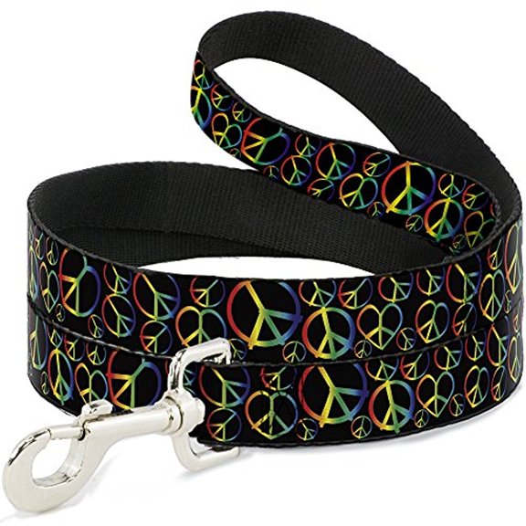 Buckle-Down Pet Leash - Peace Heart Black Rainbow Ombre - 4 Feet Long - 1 2" Wide