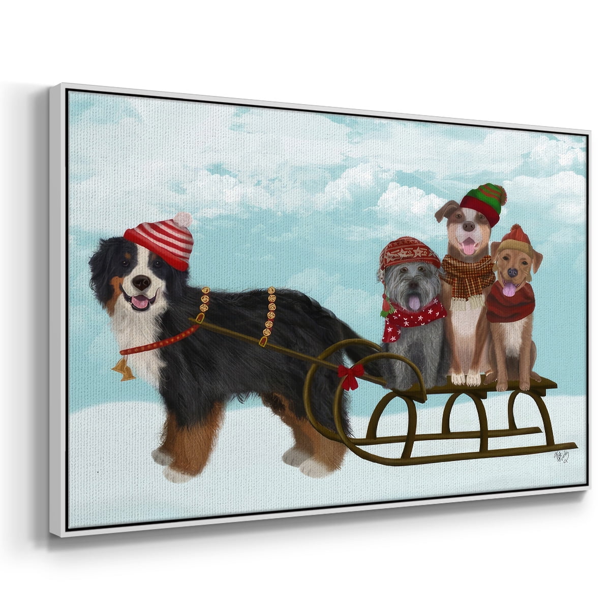 Christmas Mutt Sled - Framed Gallery Wrapped Holiday Canvas - 17 x 25 - White Frame
