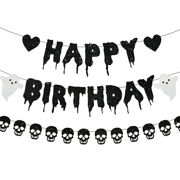 Black Glitter Halloween Birthday Banner Decorations, Cake Decorations, Black Heart-Shaped Skull Garland, Halloween Happy Birthday Party Decorations, And Themed Supplies.