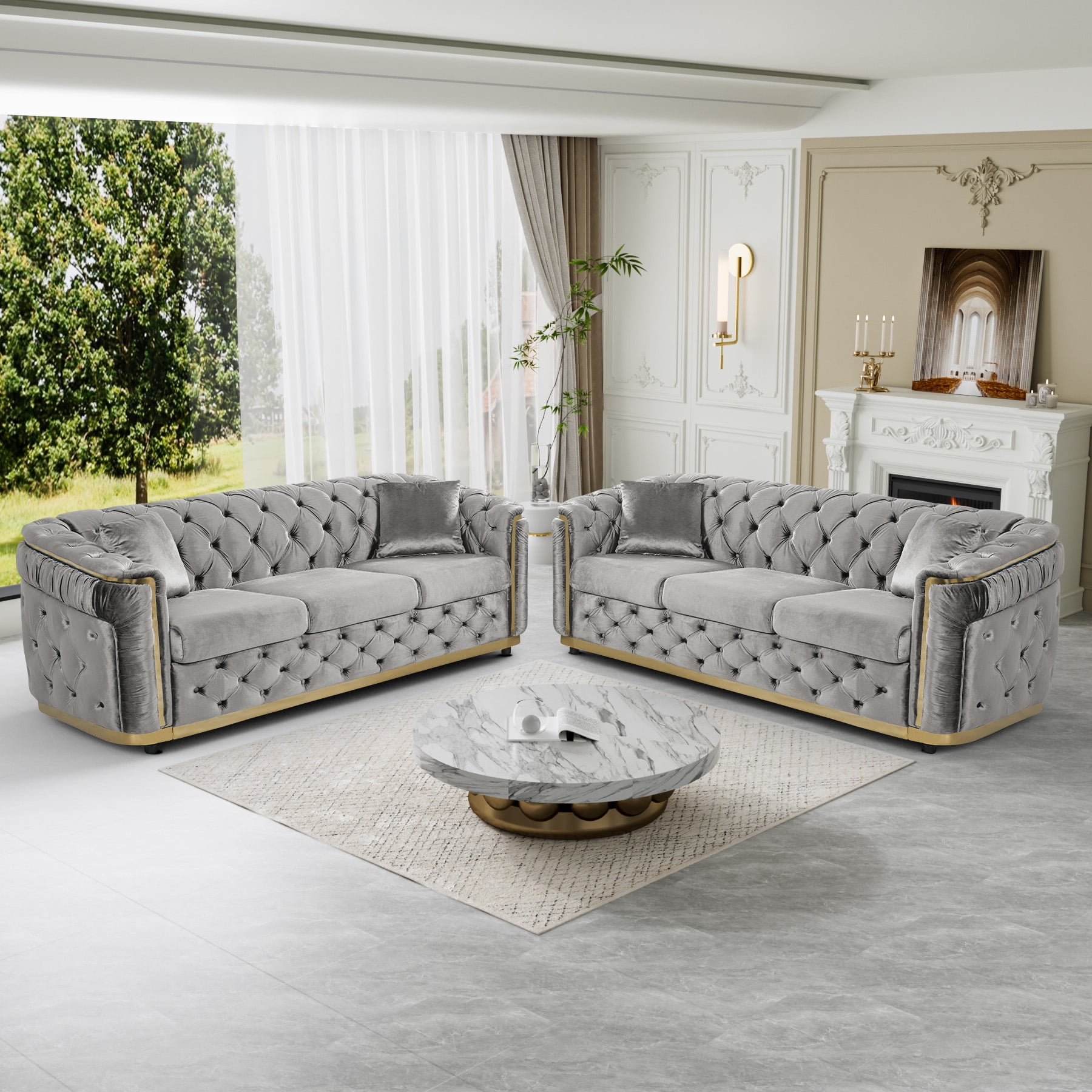 Wiilayok 62.6" Velvet Button Tufted Sofa, Mid-Century Classic Chesterfield Sofa Couch with Thick Backrest,Gold Stainless 2 Love Seat Couches for Living Room,Gray