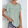 thumbnail image 4 of Top de manga corta con cuello redondo para mujer, blusa informal elegante de encaje de Color puro para trabajo de oficina, verde claro XL, 4 of 7