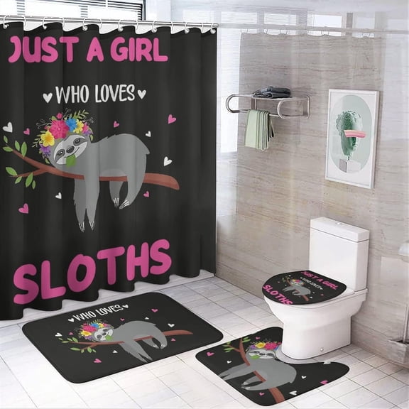 4 Pcs Bathroom Shower Curtain Set,Bathroom Sets with Rugs (Bath Mat,U Shape and Toilet Lid Cover Mat), Just A Girl Who Loves Sloths Bathroom Decor Set