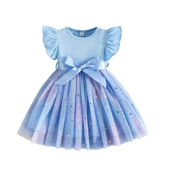 Glisme Fashion Girls Dresses Size 2-3 Y Toddler Children Butterfly Sleeves Prints Bowknot Dress Mesh Dress Blue Sundress For Girl