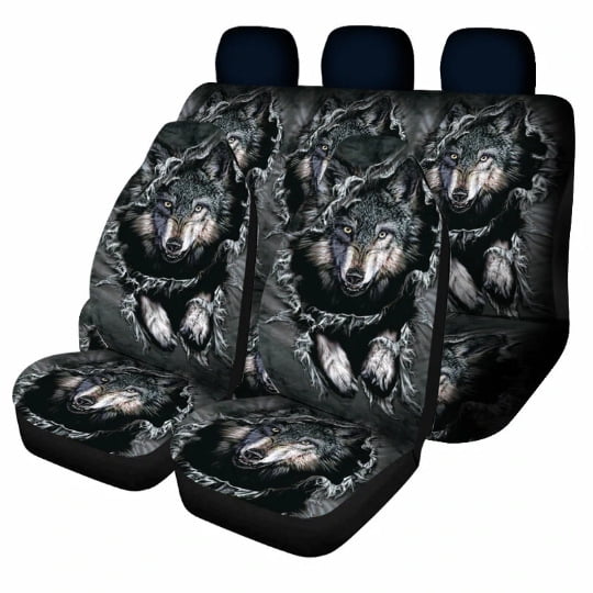 Funda de asiento de coche con todo incluido, universal, con orificio, diseño de lobo, respaldo alto, opción para propietarios de automóviles