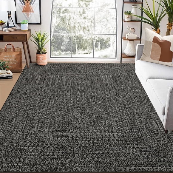 Washable Area Rug 9x12ft – Soft Non-Slip Low Pile Carpet with Braided Printed Design, Grey/Brown – Stain-Resistant Farmhouse Rug for Living Room and Bedroom