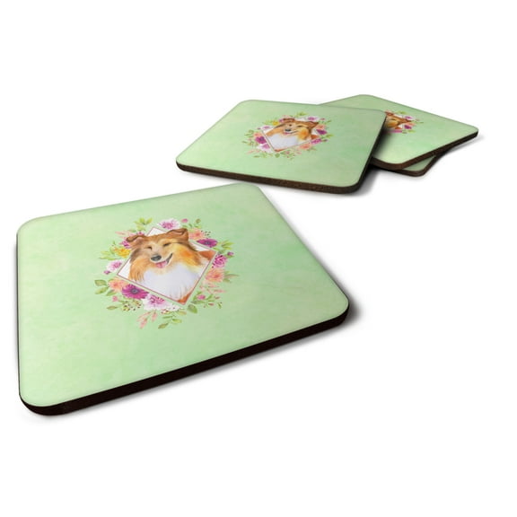 Carolines Treasures CK4342FC Sheltie Shetland Sheepdog Green Flowers Foam Coaster Set of 4 3 1/2 x 3 1/2 multicolor