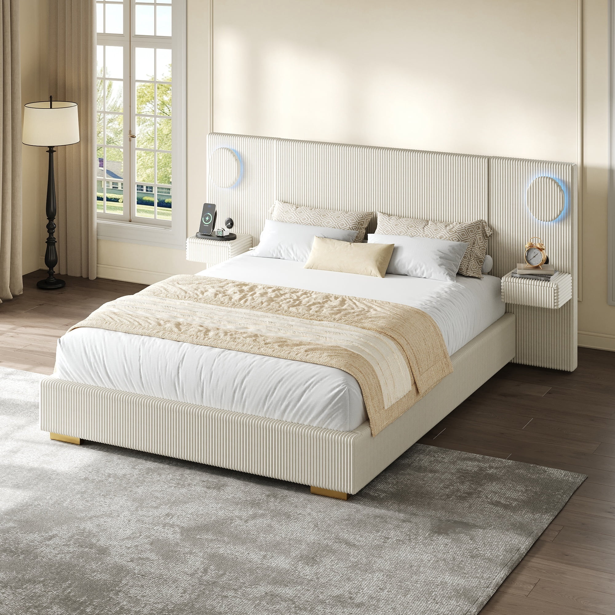 Euroco Upholstery Queen Size Platform Bed with LED Light and Drawers, High Headboard Design with Bedside Tables and USB Ports, No Box Spring Needed, Beige