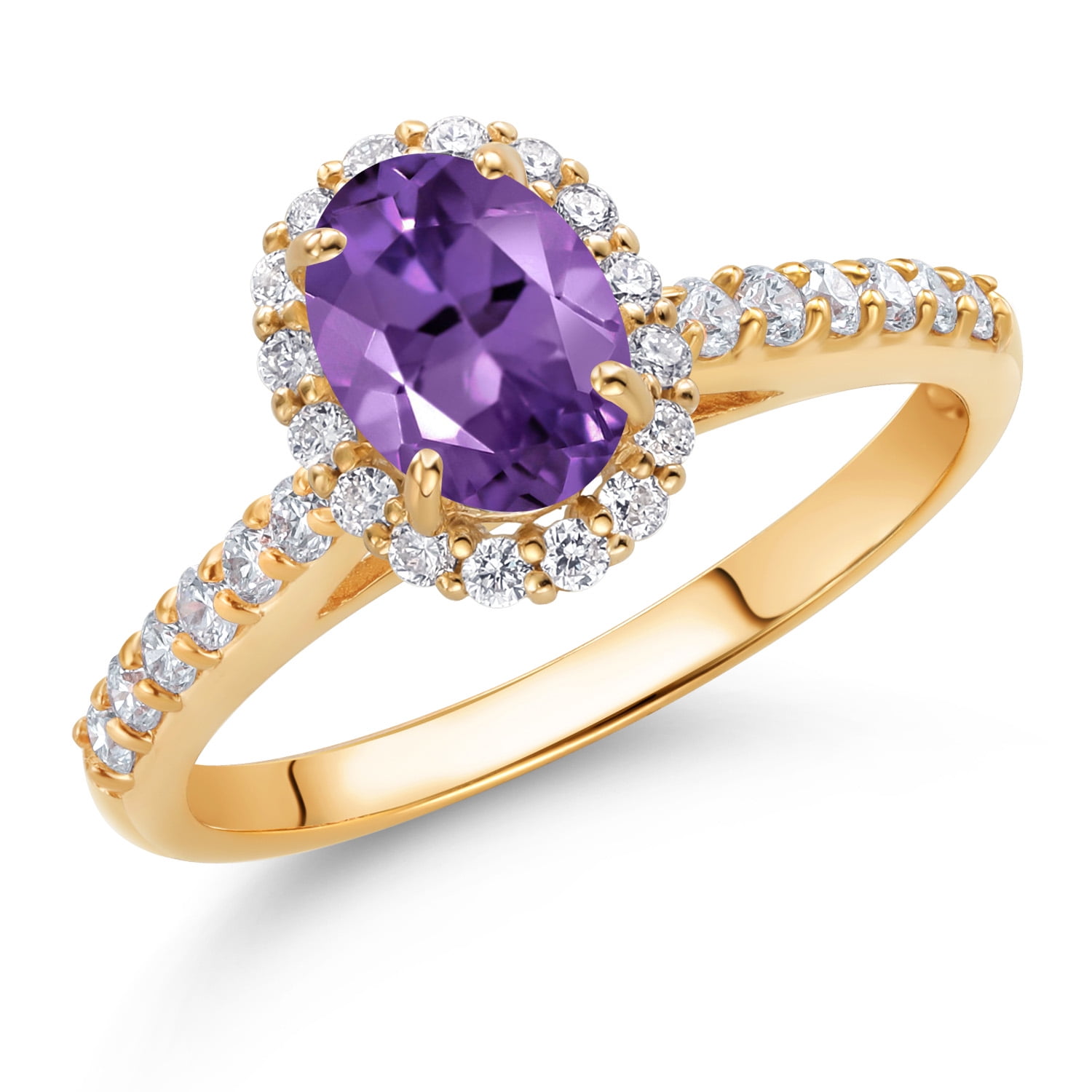 Gem Stone King 10K Yellow Gold Purple Amethyst and White Lab Grown Diamond Halo Engagement Ring for Women (1.06 Cttw, Gemstone February Birthstone, Oval 7X5MM)