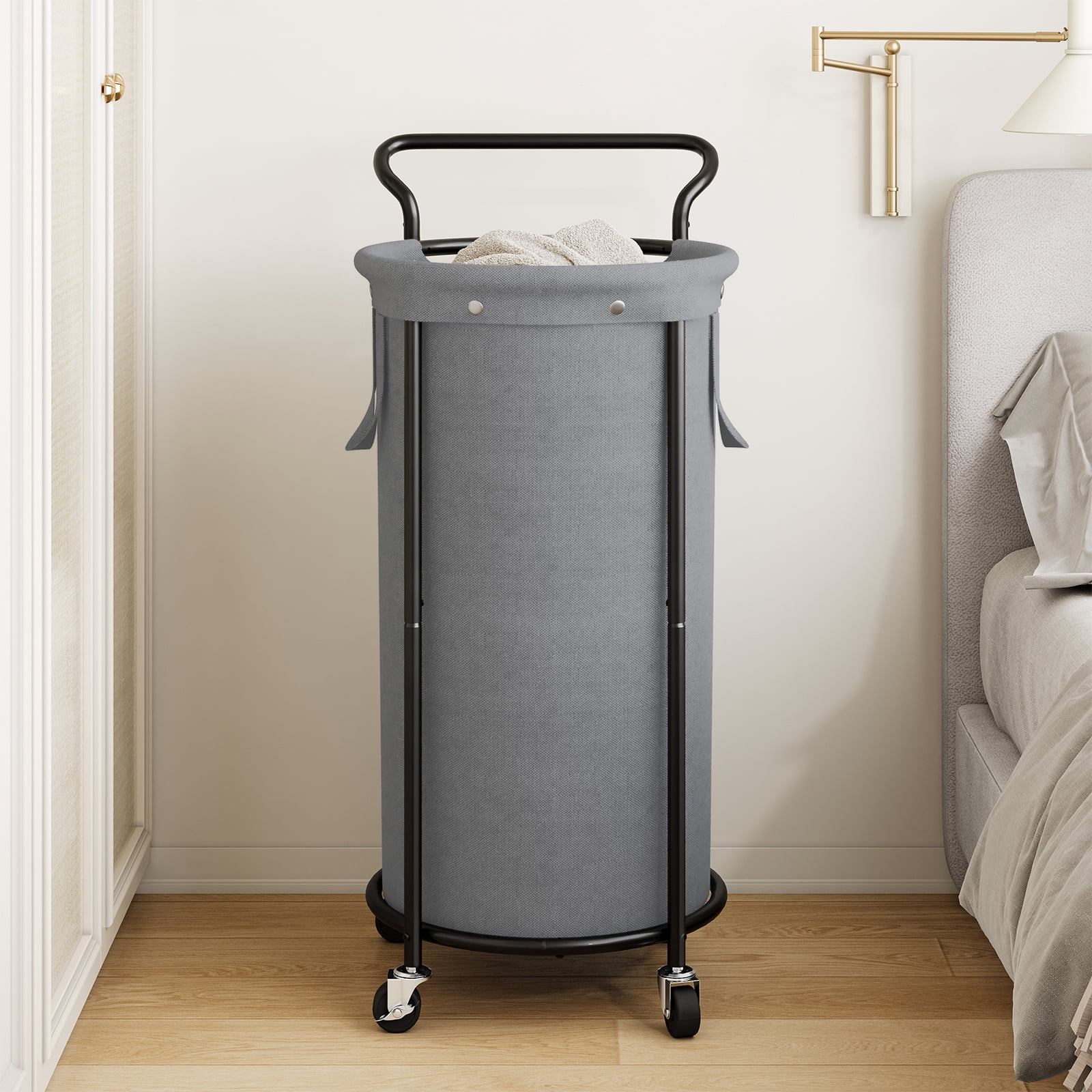 BGTREND 110L Rolling Laundry Hamper with Removable Bag, Round Steel Frame and Handle, Gray