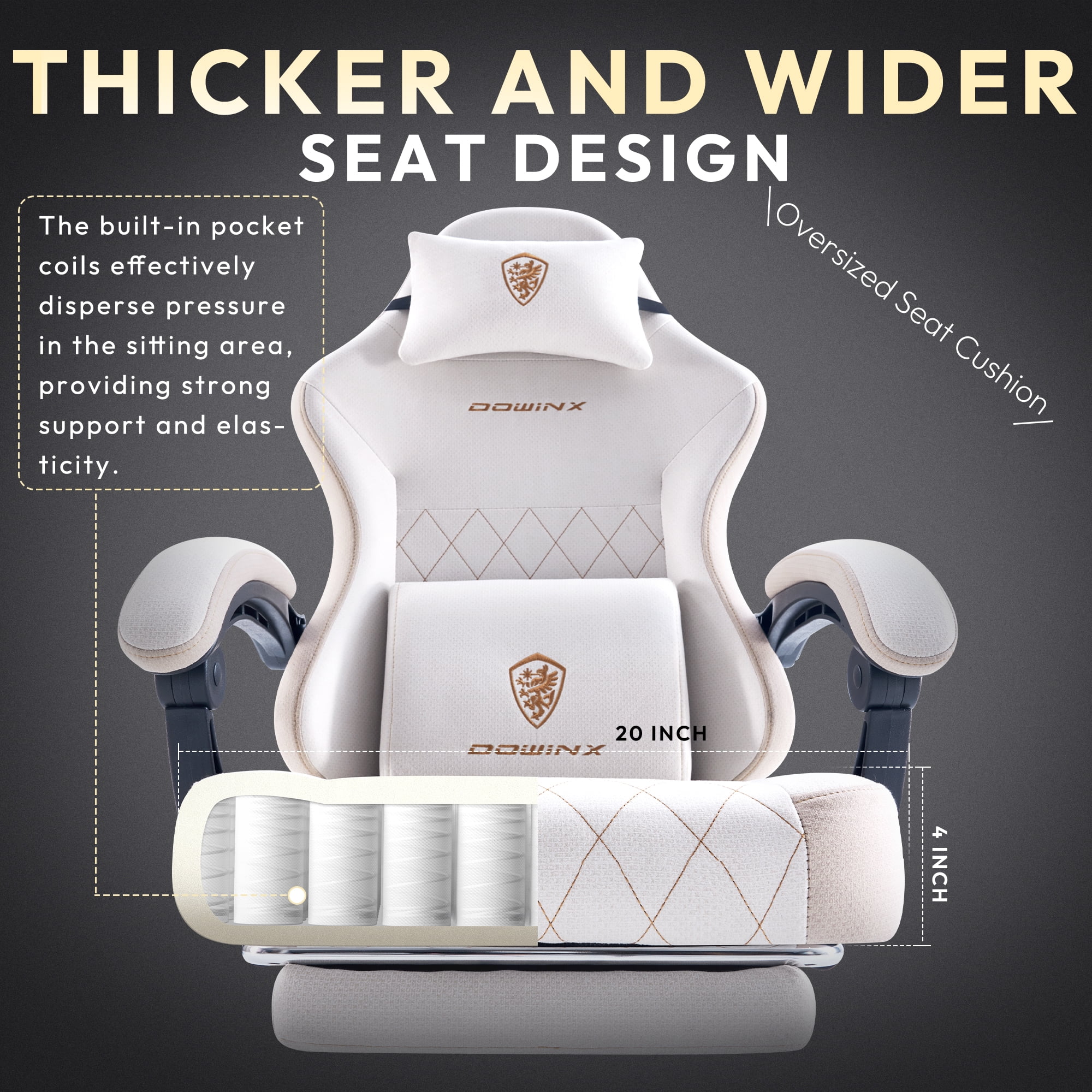 Dowinx Fabric Gaming Chair with Massage Lumbar Support, High Back Ergonomic Computer Chair with Footrest for Adult, Beige