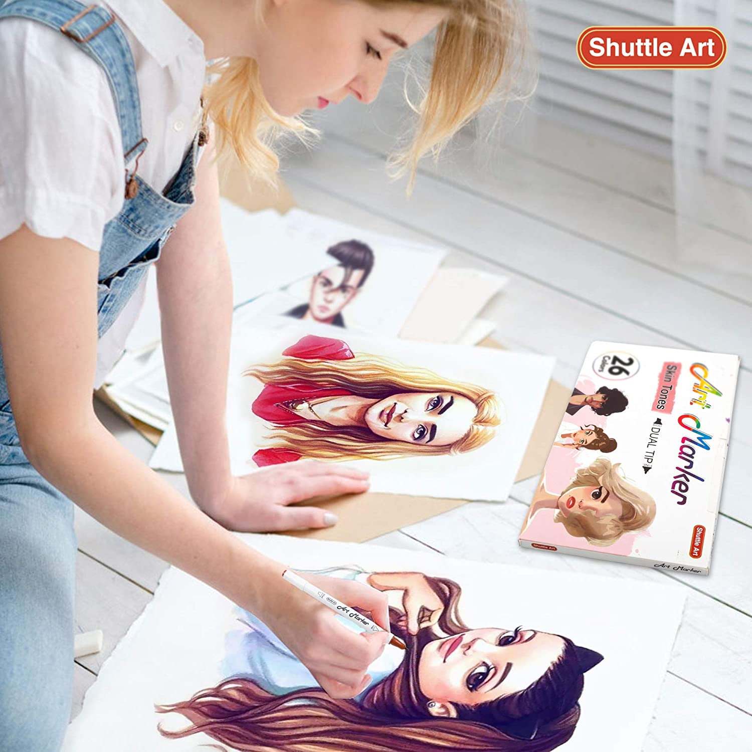Shuttle Art 26 Colors Skin Tone&Hair Art Markers, Dual Tip Alcohol Based Flesh-Color Marker Pen Set Contains 1 Blender Perfect for Kids & Adults