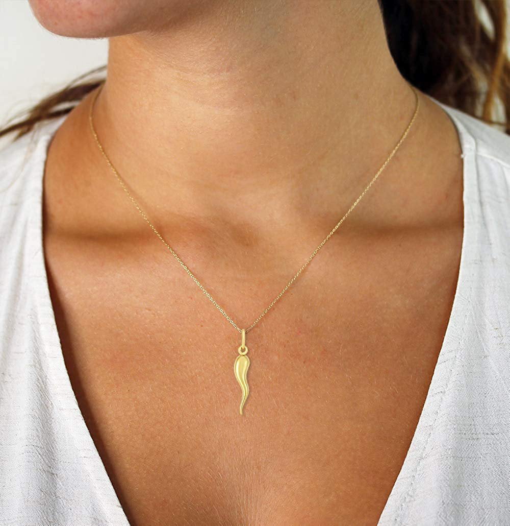 14K Yellow Gold Twisted Cornicello Italian Fortune Horn Charm Pendant with  1.2mm Flat Open Wheat Chain Necklace - 16