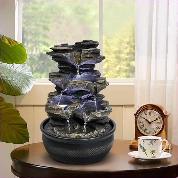 Fountains, 15.7" H Indoor Tabletop Waterfall Fountain, LED Lights, Natural Style for Home & Office | Resin | Tan Brown