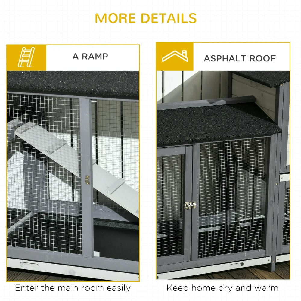 Spaco 90.5" Wooden Rabbit Hutch Bunny Cage Pet Playpen House Enclosure with Double Side Run Boxes, for Guinea Pig and Small Animals, Light Gray