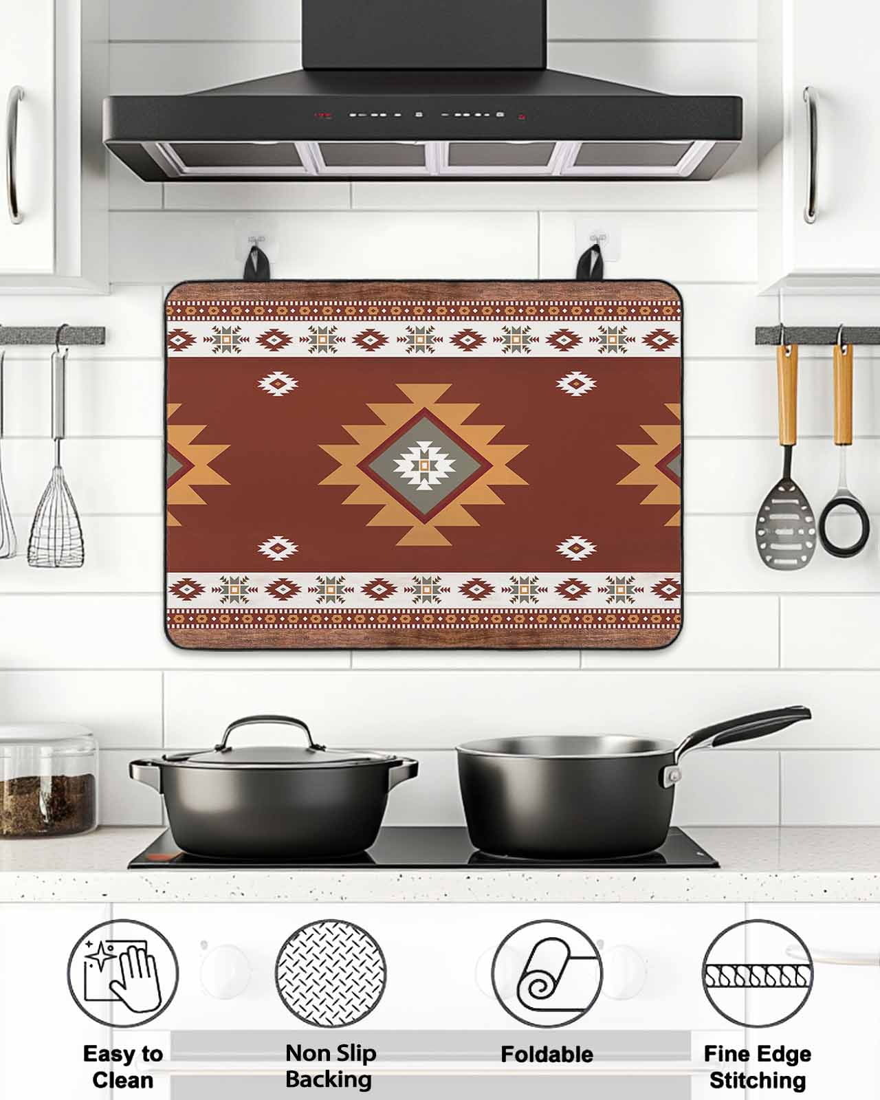Stove Top Covers for Electric Stove, Southwest Glass Stovetop Cover Protector, Western Brown Beige Geometric Abstract Art Wooden Induction Cooktop Protector Oven Mat for Kitchen Countertop 24"x21"