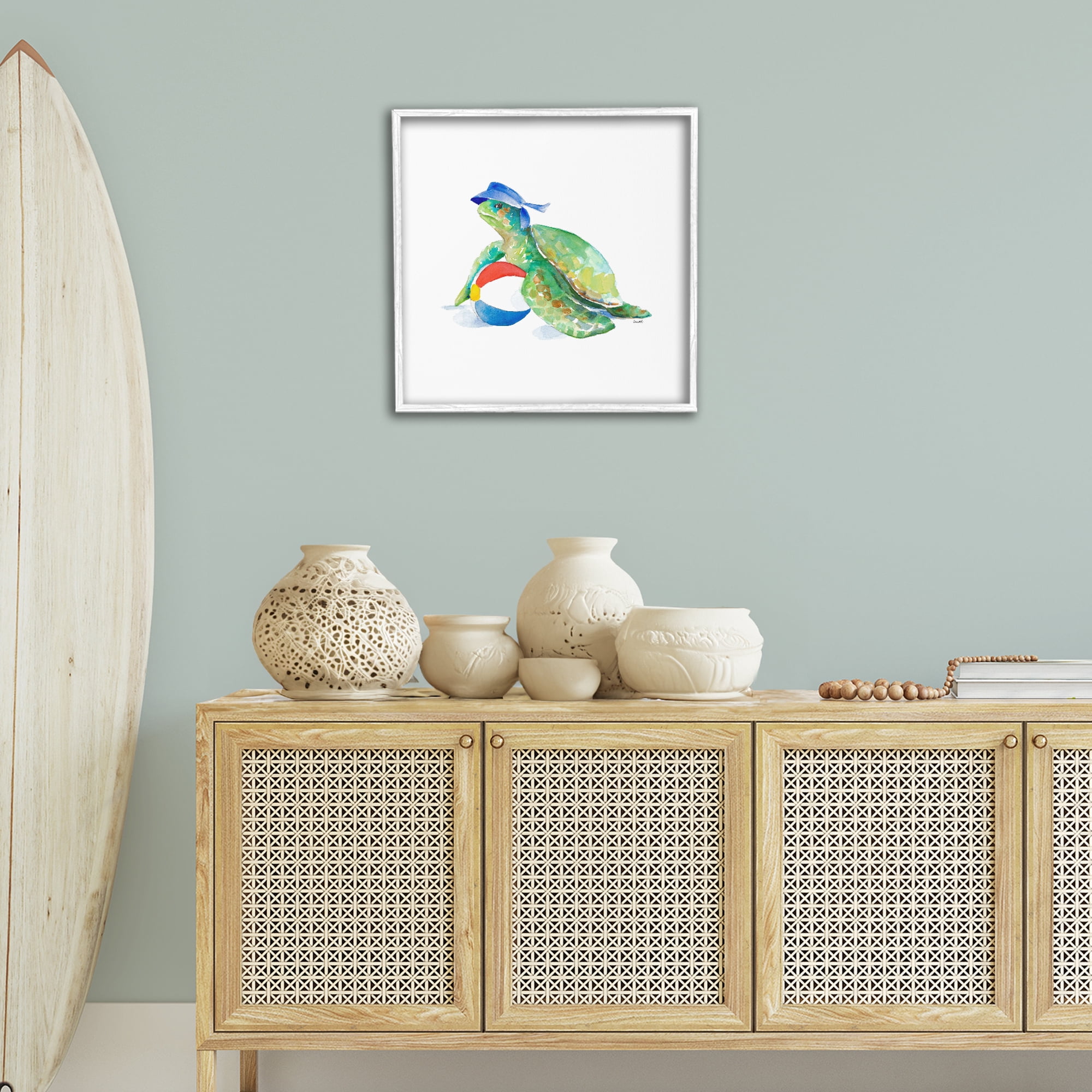 Stupell Industries Turtle & Beach Ball Novelty Painting White Framed Art Print Wall Art, 24 x 24