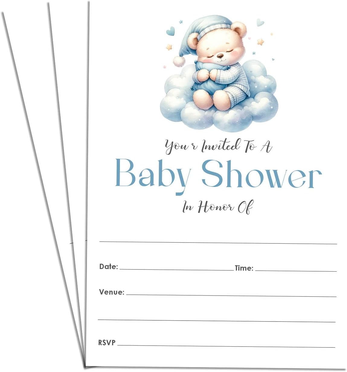 30 Pack Baby Bear In Cloud Baby Shower Invitation Card Single Sided Neutral  Blank Fill In Invites 5x7\, image size:1149x1230