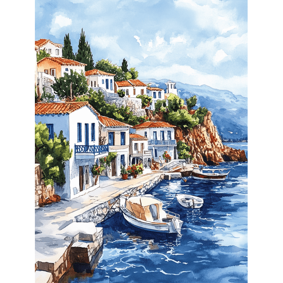 Mediterranean Coastal Village Canvas Wall Art,Perfect for Living Room,Bedroom,Kitchen,Bathroom,Office Decoration