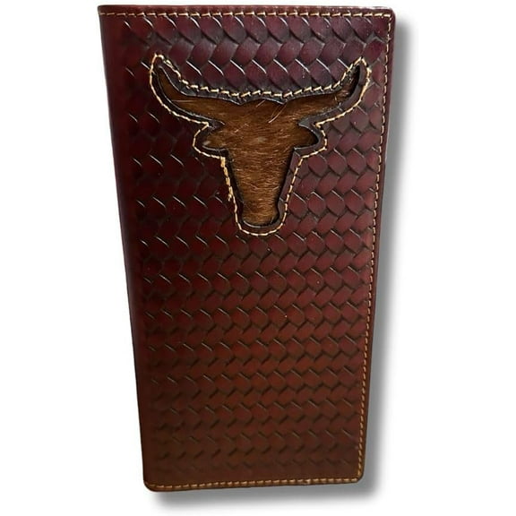 Mens Long Wallet Brown Leather Soft Leather Checkbook Style Cowboy High end Mens Wallets Leather Cow Hair Woven Longhorn Tooled Wallet