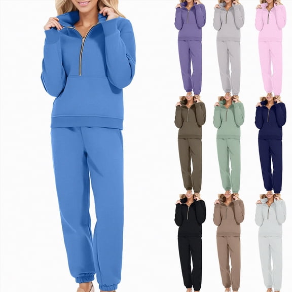 Towmus Women's Sweatsuits 2 Piece Outfits Long Sleeve Half Zip Pullover and Baggy Sweatpants with Pockets, Blue, XL
