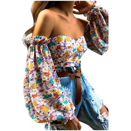 

Womens Tops Oversized T Shirts for Women Ladies Summer Trendy Sexy One-Shoulder Print Full Sleeve Print Top Blouses Backless Top Clearance 2022 White Crop Top Multi-color S