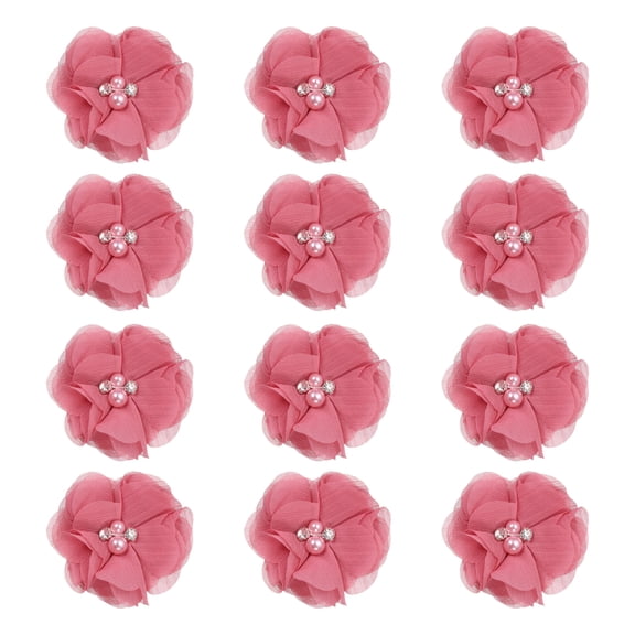 Uxcell 2 Inch Chiffon Flowers, 12 Pcs Rhinestone Pearl Sewing Fabric Flowers, Dark Pink