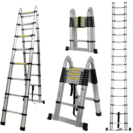 Jupitor 16.5 ft Telescopic Ladder with Stabilizer Bar Heavy Duty A-Frame Aluminum Alloy Multi-Purpose Climb Extendable Step for Home Kitchen Clean 5M(2.5+2.5m) 330lbs Max Capacity