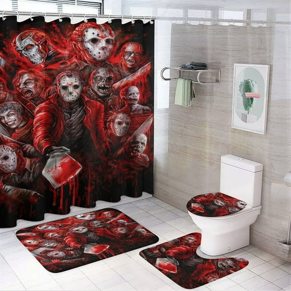Horror 4-Piece Movie Shower Curtain Sets Bathroom Decor Sets with Rug Toilet Lid Cover,Non-Slip Rug and Non-Slip U Shape Mat and 12 Hooks