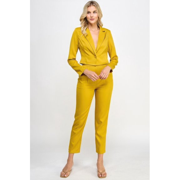 Saronite Solid Long Sleeve V Neck Single Button Crop Formal Blazer With Tailored Pants Set, Citron (Women's)