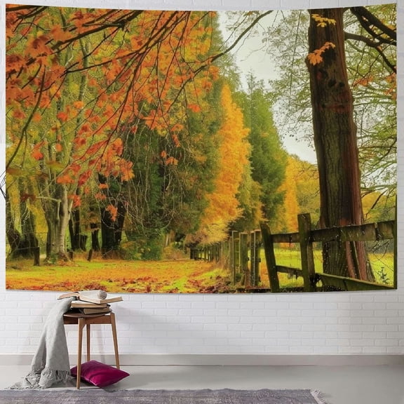 PRATYUS Forest Tapestry, Autumn Season Woodland Picture in a Fall Scene Tangerine Colors and Dried Leaves Nature View, Fabric Wall Hanging Decor for Bedroom Living Room Dorm 40x30inch