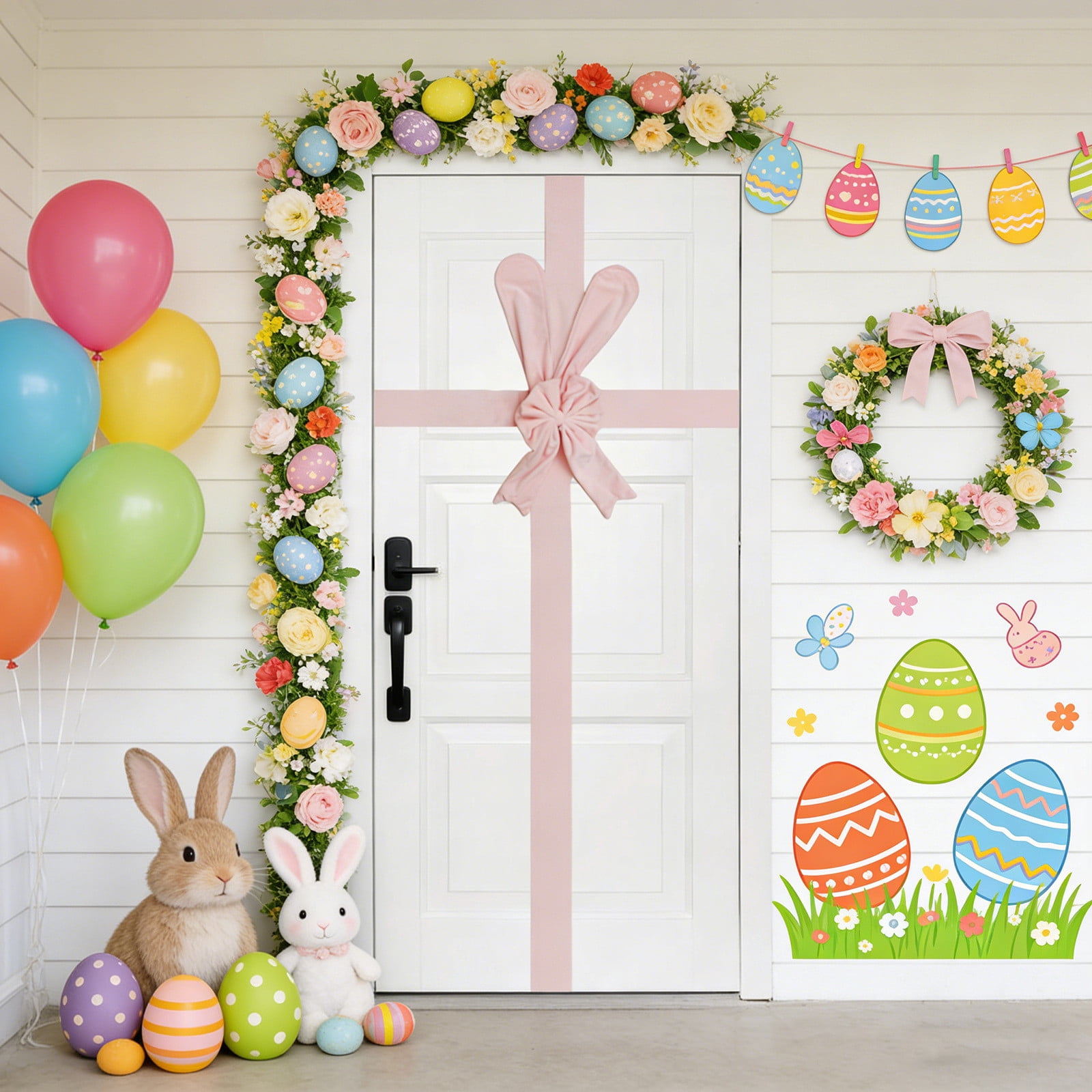 Easter Bunny Door Hanger with Floppy Ears and Bow Decorative Plush for Entry Cabinet Mantel Handle Spring Home Decor