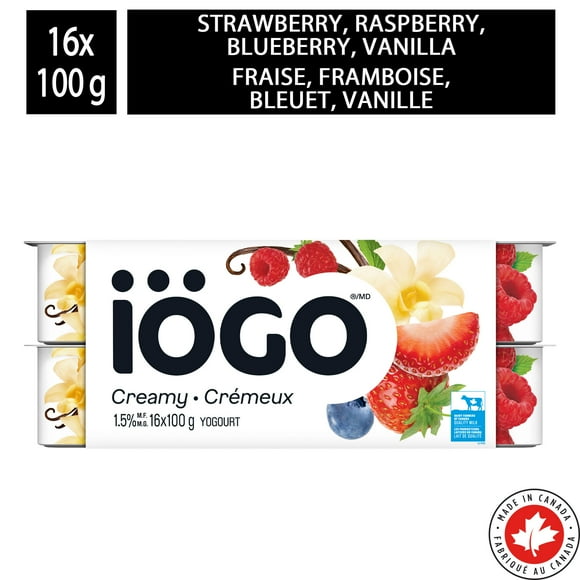 iÖGO Pots de yogourt fraise, framboise, bleuet, vanille 1,5&nbsp;% 4x100g
