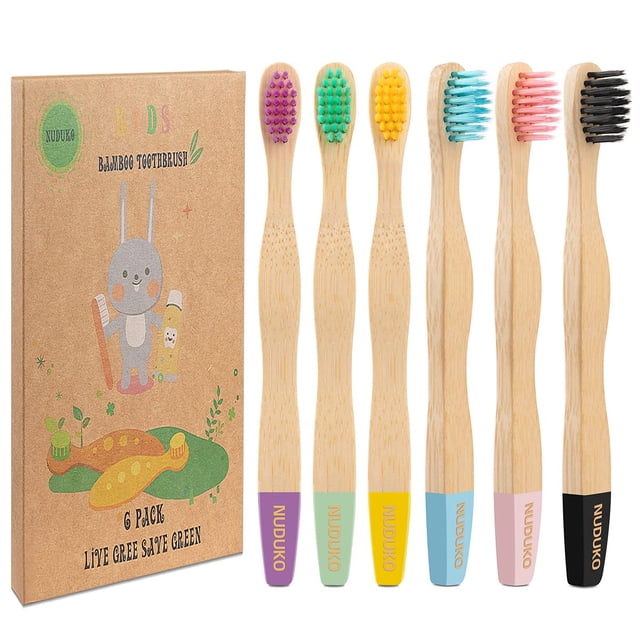 Cepillo de dientes de bambú para niños, paquete de 6, cerdas suaves NUDUKO