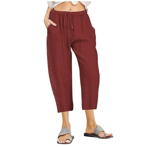 Virmaxy Womens Wide-Leg Capris Pants Solid Colour Cotton Linen Drawstring Loose Casual Wide Leg 7/10 Pants Pants Burgundy 4XL